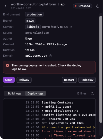 Deployment detail view with environment, branch, commit, author, duration, a crash warning, Restart and Redeploy buttons, and a build/deploy log toggle